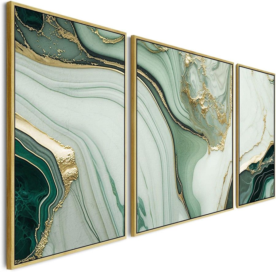 3Pcs Green & Gold Abstract Canvas – Large Framed Wall Art Set