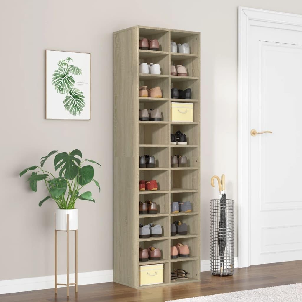 22-Compartment Oak Shoe Storage Rack Durable Wall-Mount Organizer