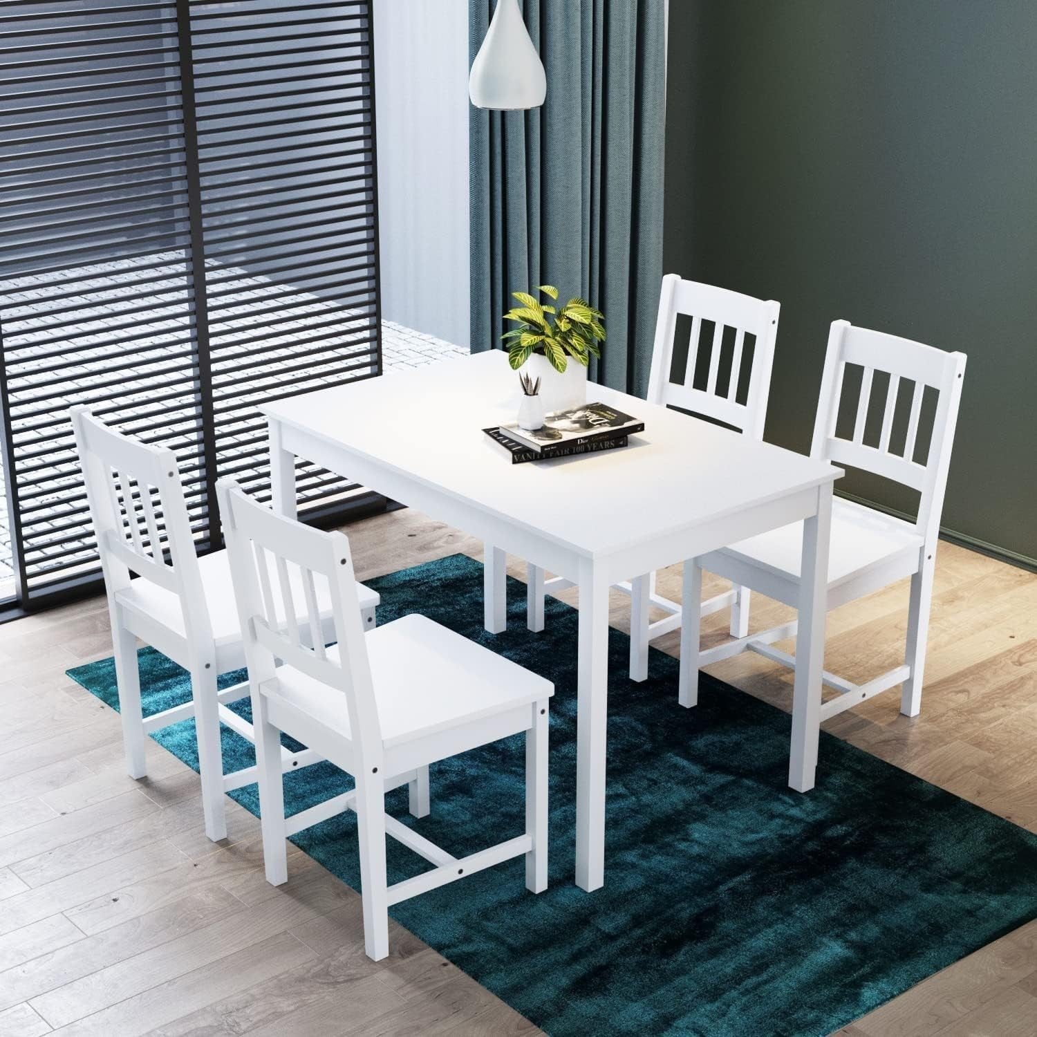 Solid Pine Wood Dining Table Set 5pcs White Kitchen Chairs Rectangular