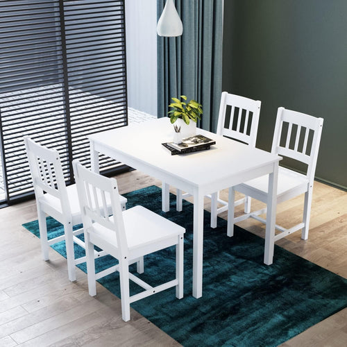 Solid Pine Wood Dining Table Set 5pcs White Kitchen Chairs Rectangular