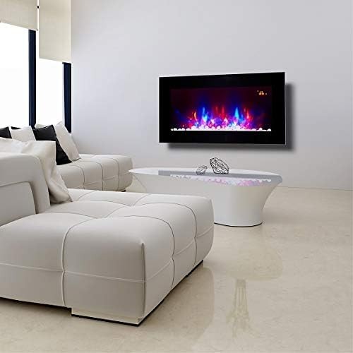 Wall Mounted Electric Fireplace 90cm Black Glass LED Flame Log & Pebble Effect