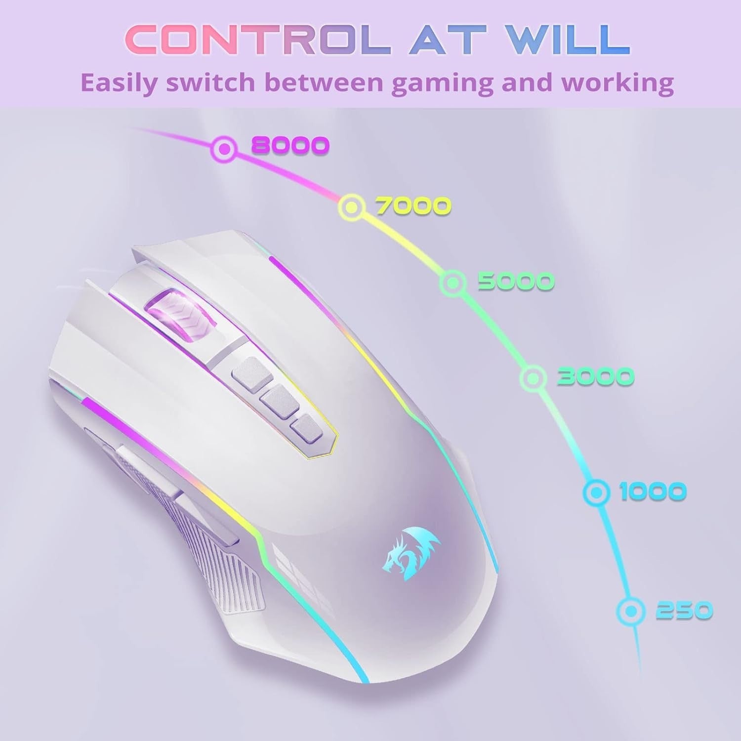 Wireless Gaming Mouse 8000 DPI RGB 9 Button Rechargeable White