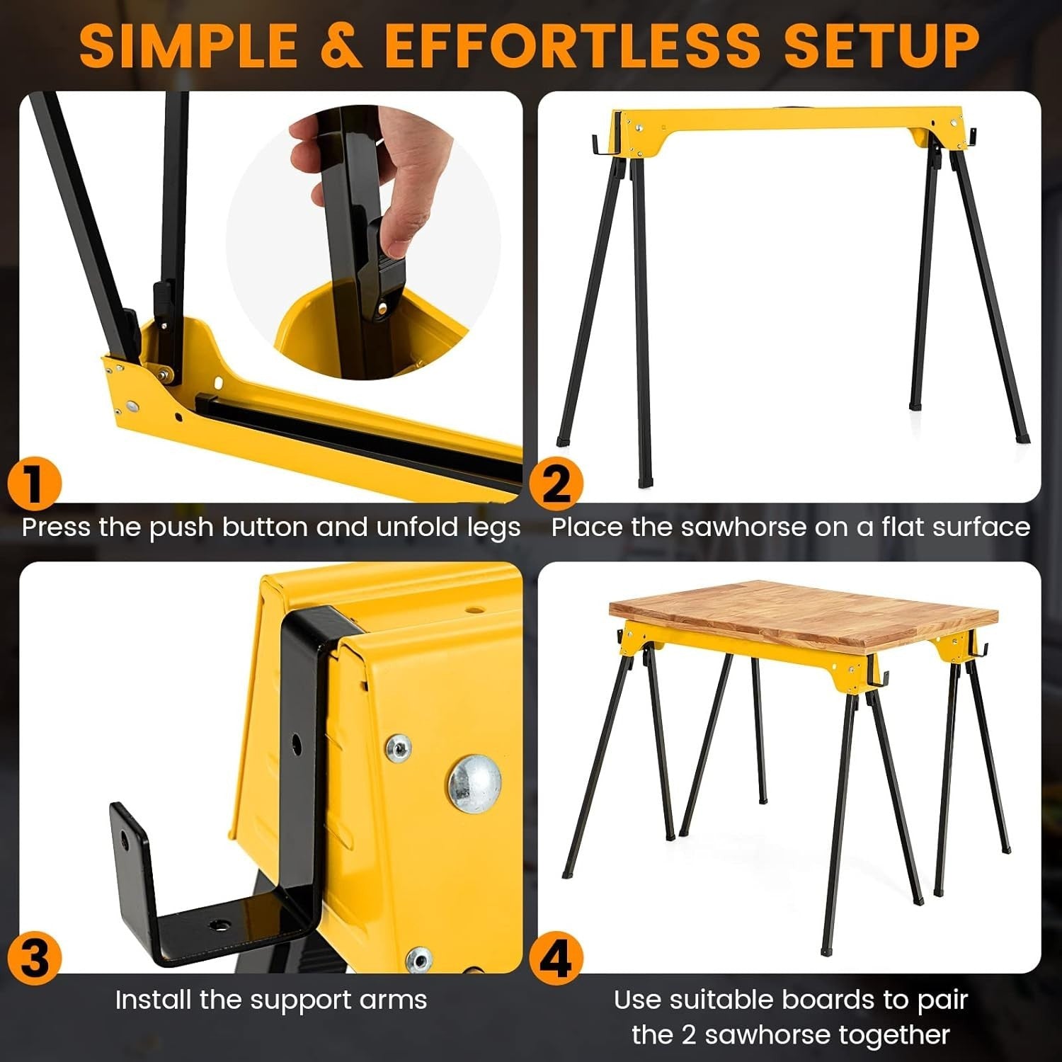 Folding Sawhorse Twin Pack Heavy Duty 454kg 2x4 Support Arms Yellow 92x48
