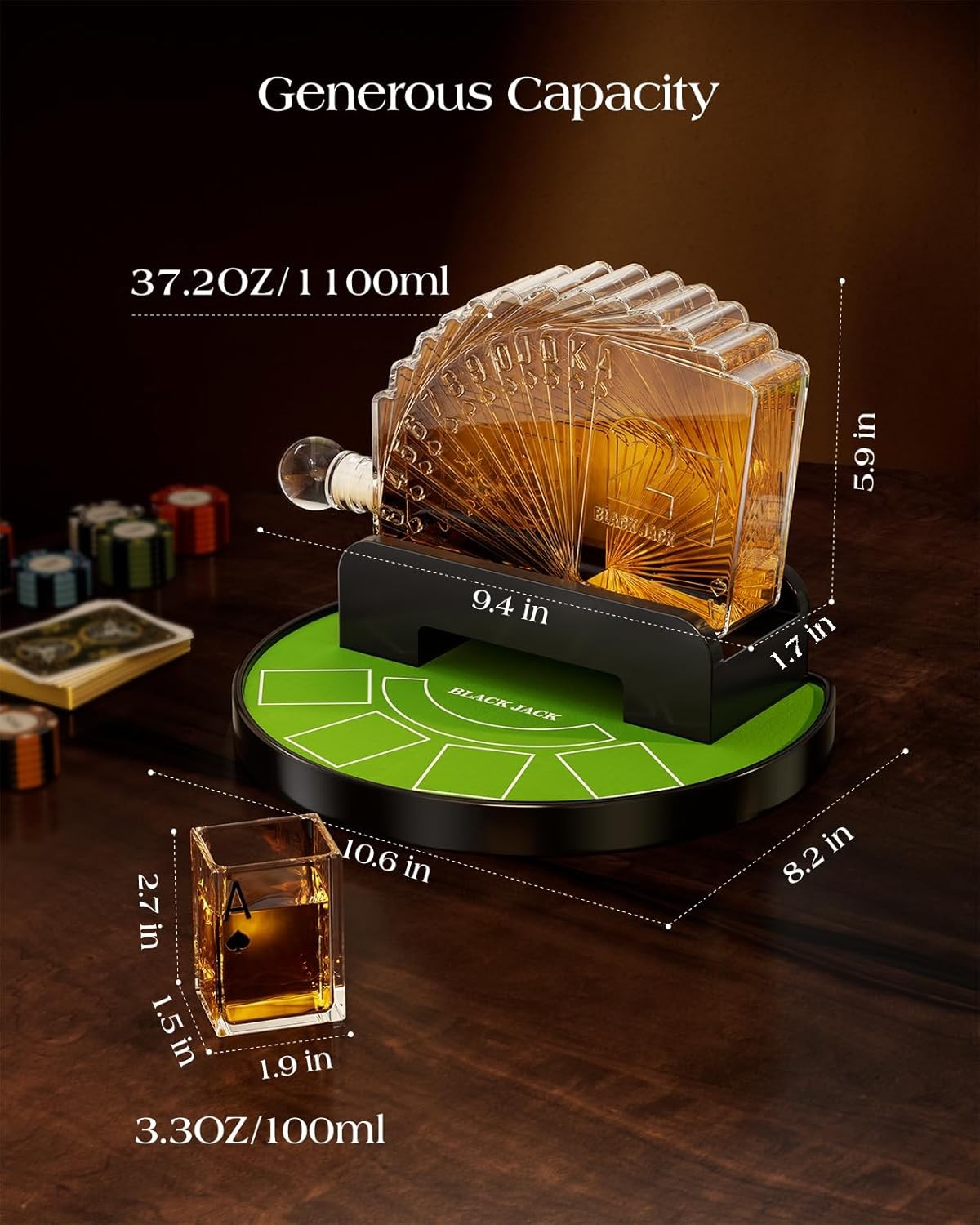Blackjack Whiskey Decanter Set with 4 Glasses & Rotating Casino Display 1100ml