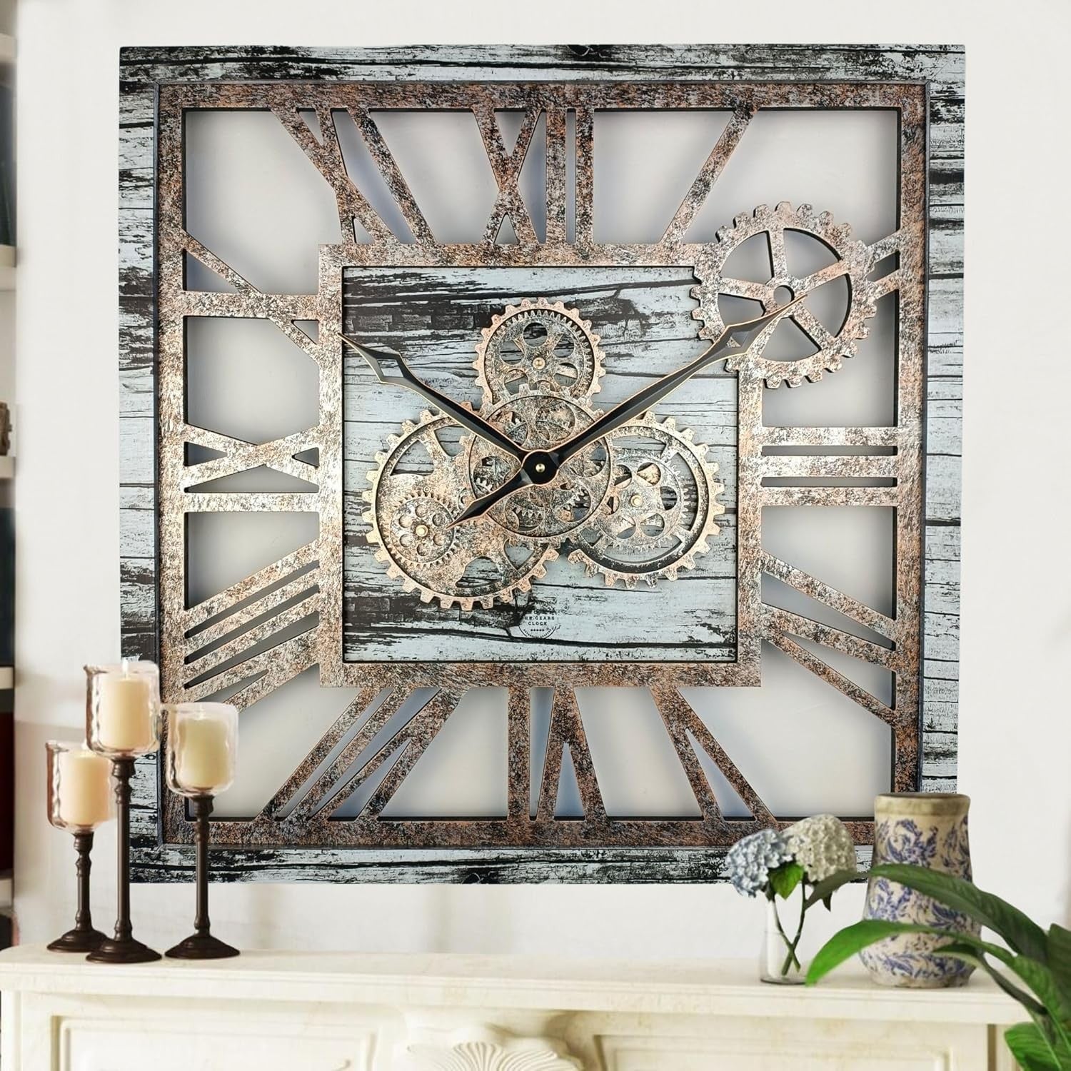 Oversized 24" Gear Wall Clock Square Grey  White Rustic Industrial Decor
