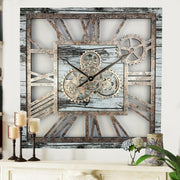 Oversized 24" Gear Wall Clock Square Grey  White Rustic Industrial Decor