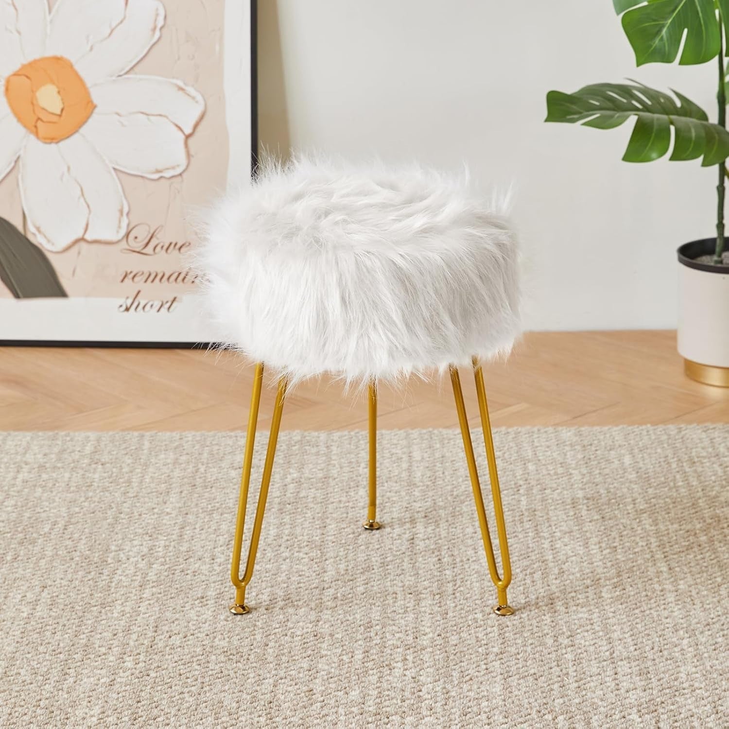 White Faux Fur Vanity Stool with Storage – Round Makeup Ottoman with Metal Legs
