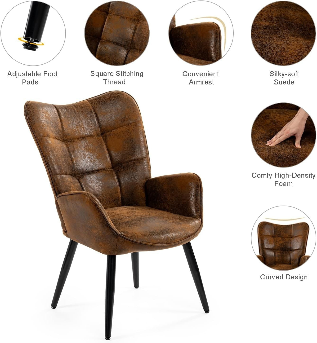 Brown Suede Wingback Accent Armchair with Padded Seat & Metal Legs
