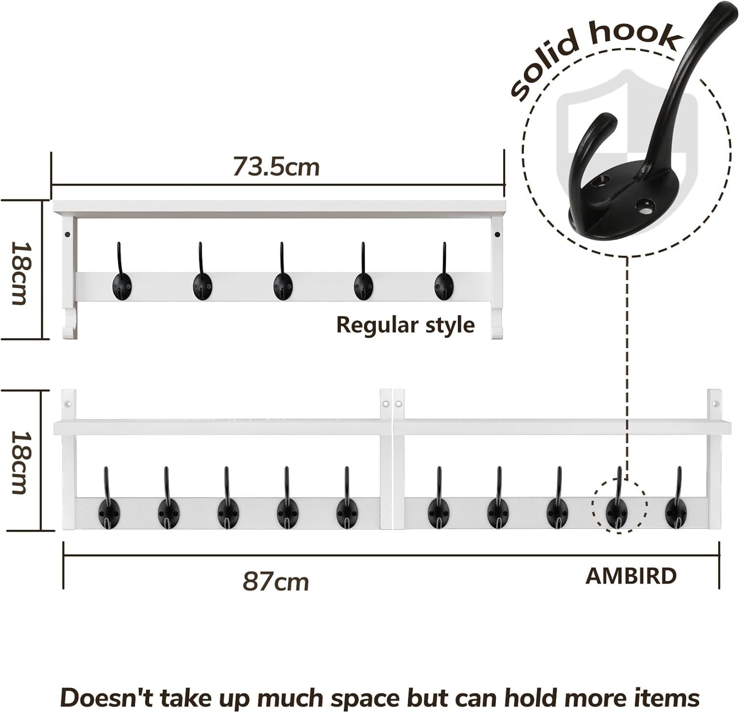 Wooden Wall Coat Rack with Shelf 87cm | 10 Hooks for Coats Hats Bags Keys