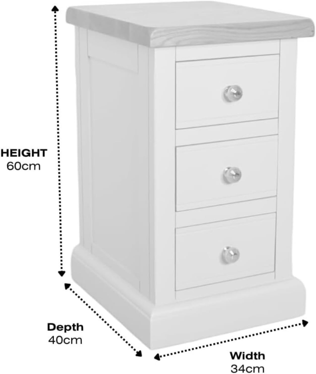 Painted White Bedside Table with 3 Drawers – Solid Wood Slim Oak Top