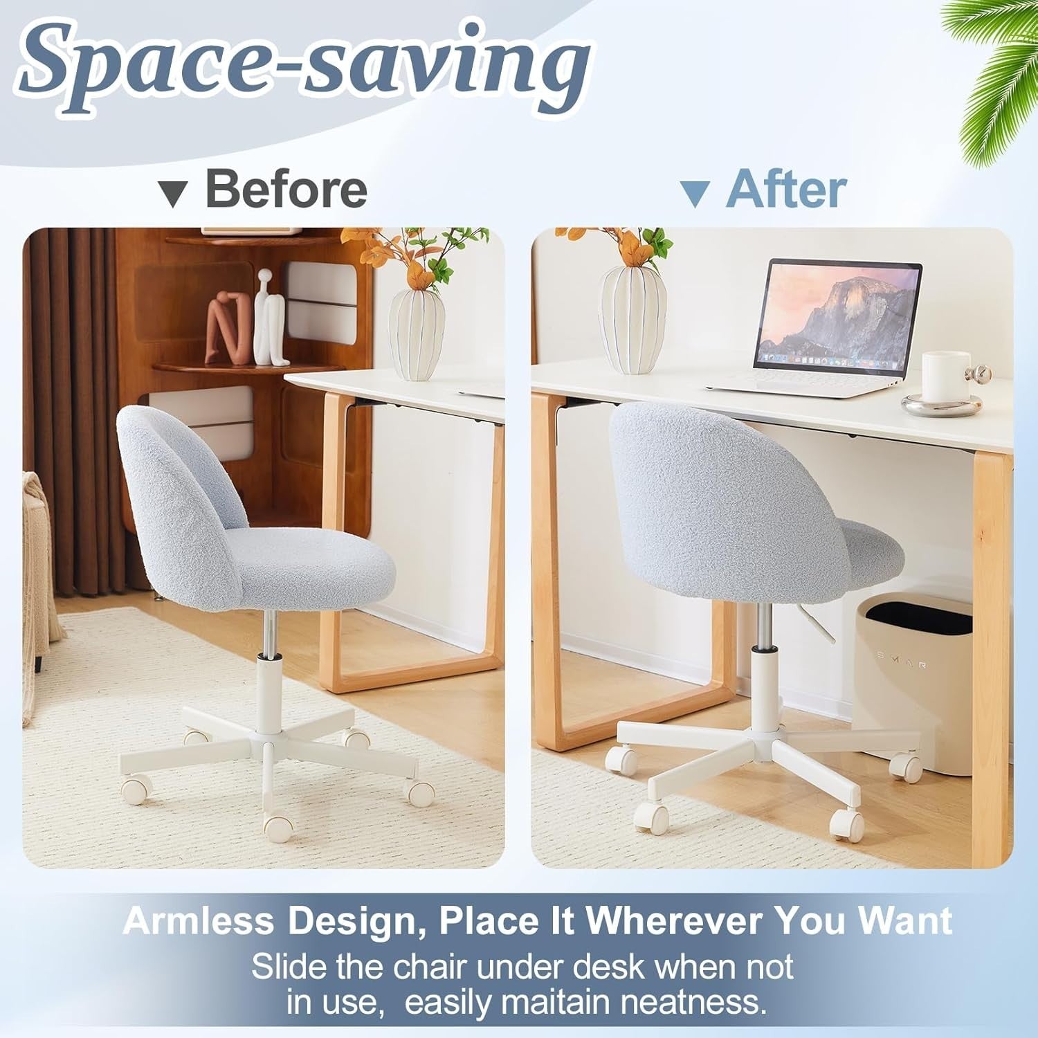 Light Blue Swivel Desk Chair Small Teddy Fleece Adjustable Vanity Seat