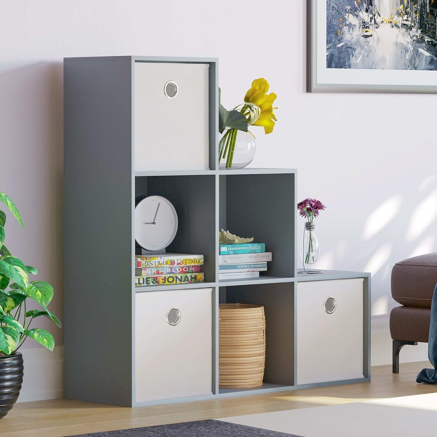 Modern 6 Cube Staircase Storage Shelf Grey Unit + 3 White Baskets – Home Organiz