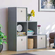 Modern 6 Cube Staircase Storage Shelf Grey Unit + 3 White Baskets – Home Organiz