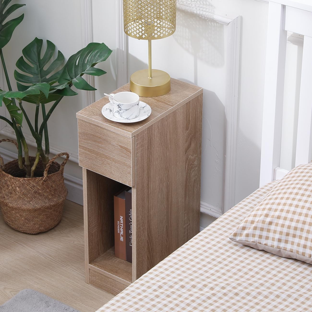 Slim Walnut Bedside Table with Drawer & Shelf, Narrow Nightstand for Small Rooms