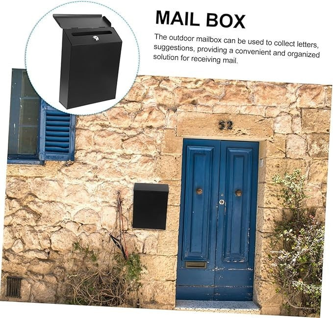 Secure Wall Mount Mailbox Black Iron Outdoor Letter Box Modern Slim Design