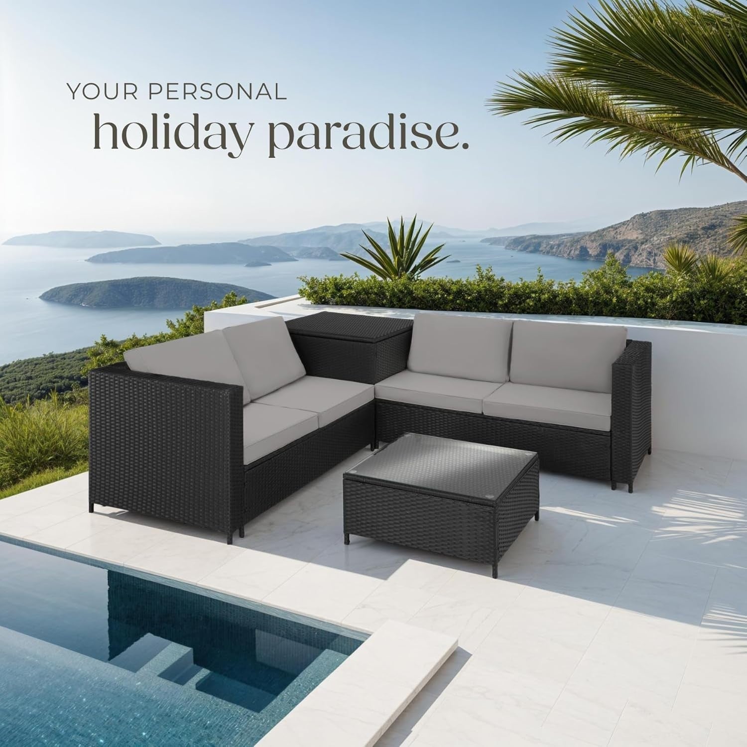 Black & Grey Rattan Garden Sofa Set with Thick Cushions & Storage Box
