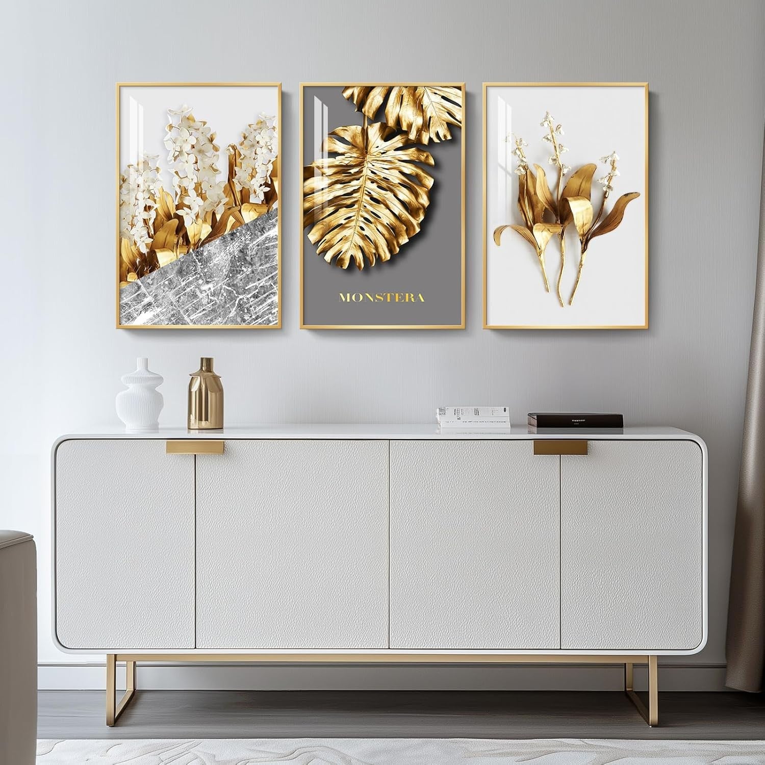 Large Gold Wall Art Set of 3 Framed 30x60 Luxury Leaf