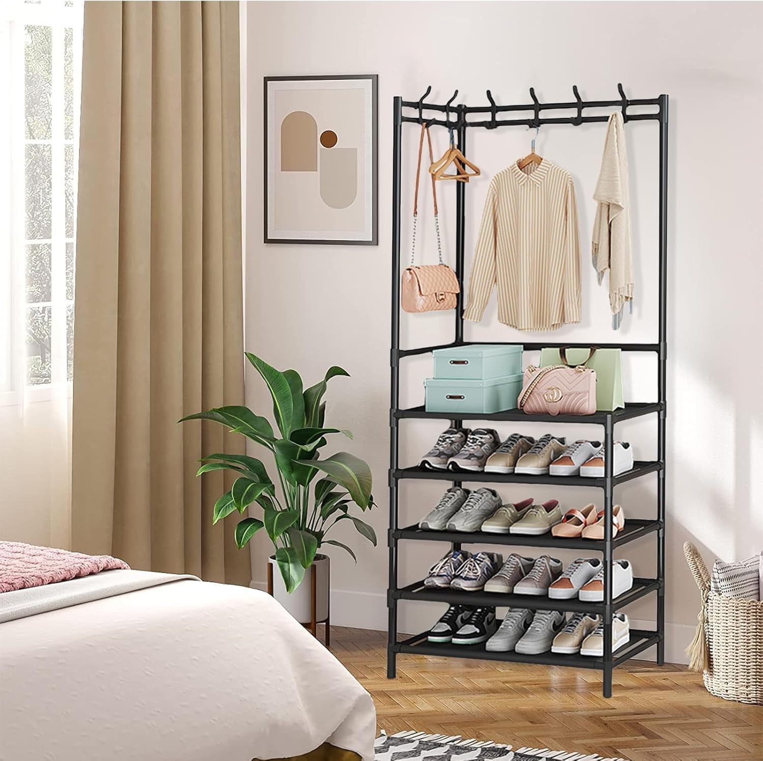 Black 5-Tier Coat & Shoe Rack | Hallway Storage Stand with Hooks & Shelves
