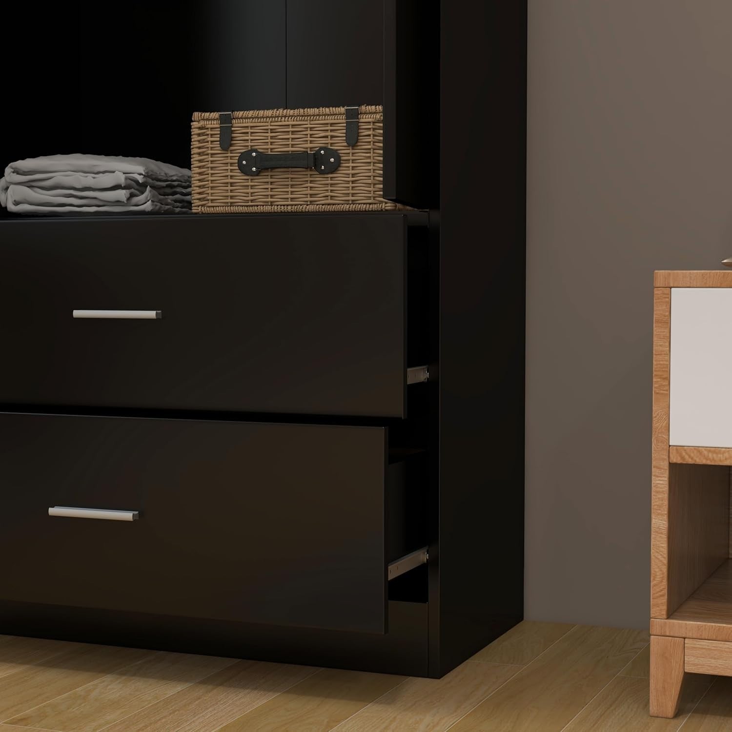 Black Mirrored 2 Door Wardrobe with Hanging Rail & Drawers - Modern Storage