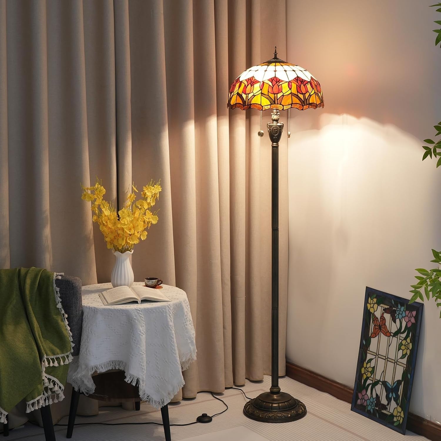 Red Tulip Stained Glass Floor Lamp with Vintage Bronze Base & Foot Switch