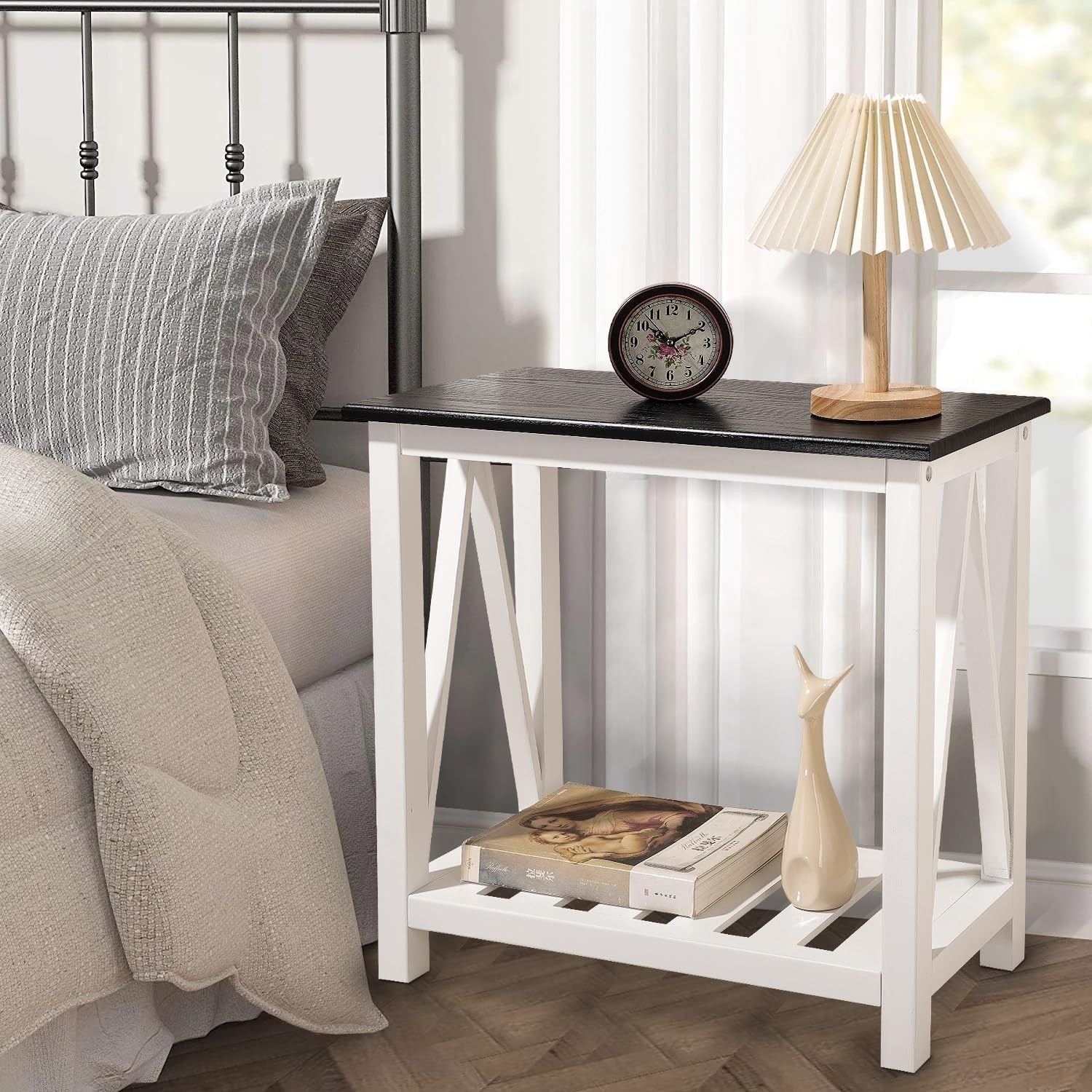 Narrow Black Wood Side Table with Storage Shelf, Modern Nightstand
