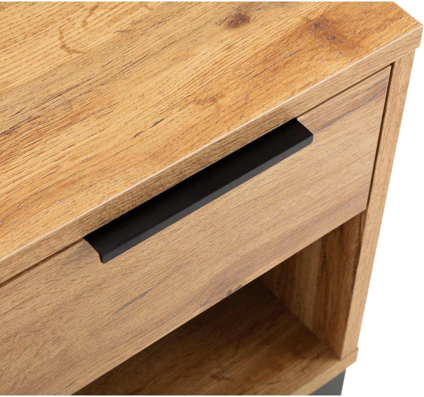 Modern Oak Wood Bedside Table | 1 Drawer Nightstand with Open Shelf & Black Legs