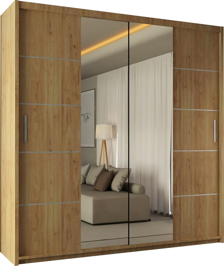 Oak Sliding Wardrobe Mirror Doors 203cm Hanging Rails Storage Modern