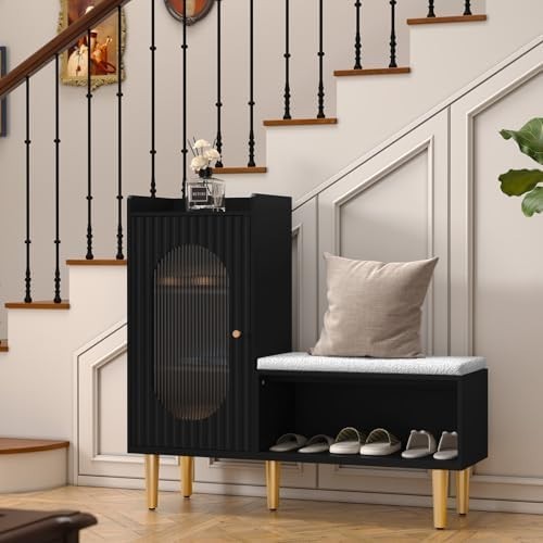 Modern L-Shaped Shoe Storage Bench Cabinet with Glass Doors – Black