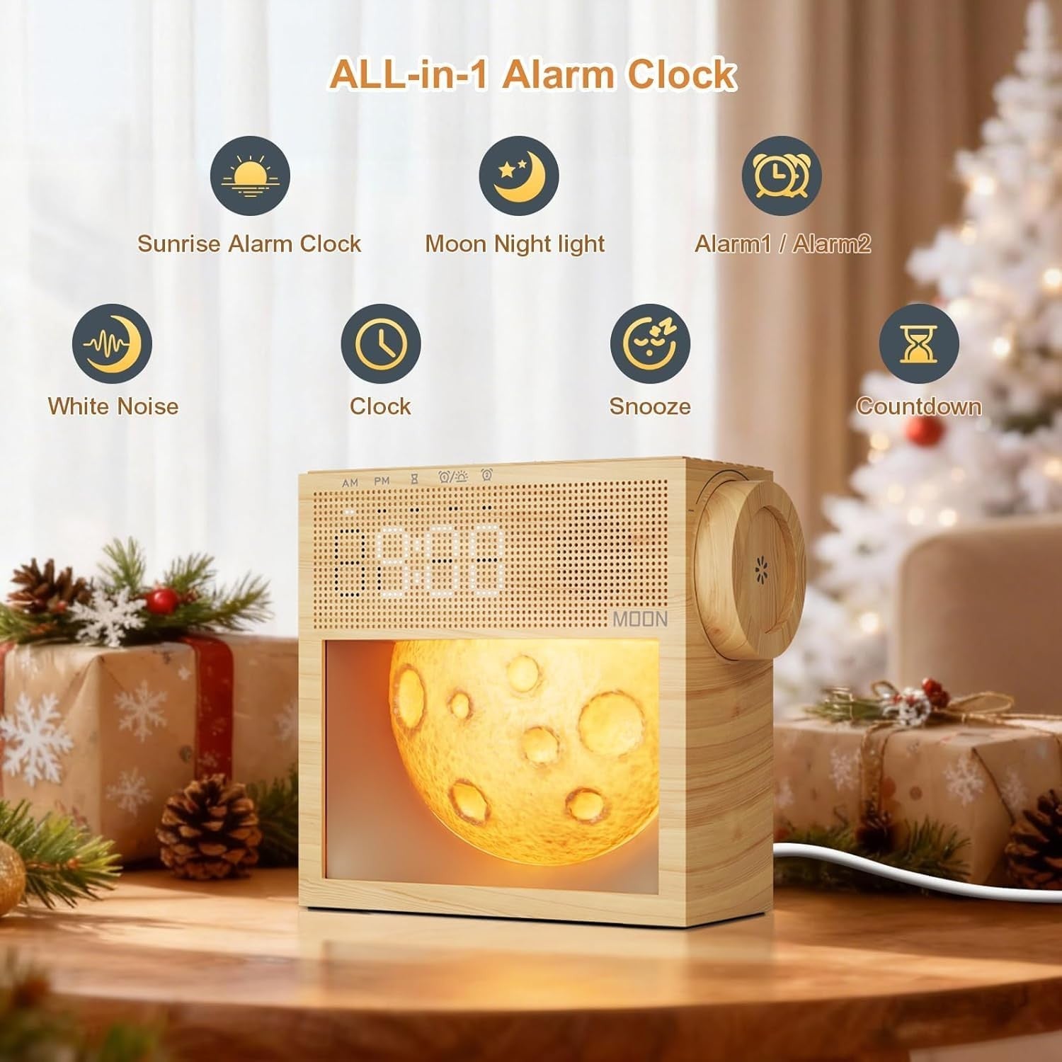 Sunrise Alarm Clock Wooden Wake Light Noise Machine Snooze Bedroom Lamp