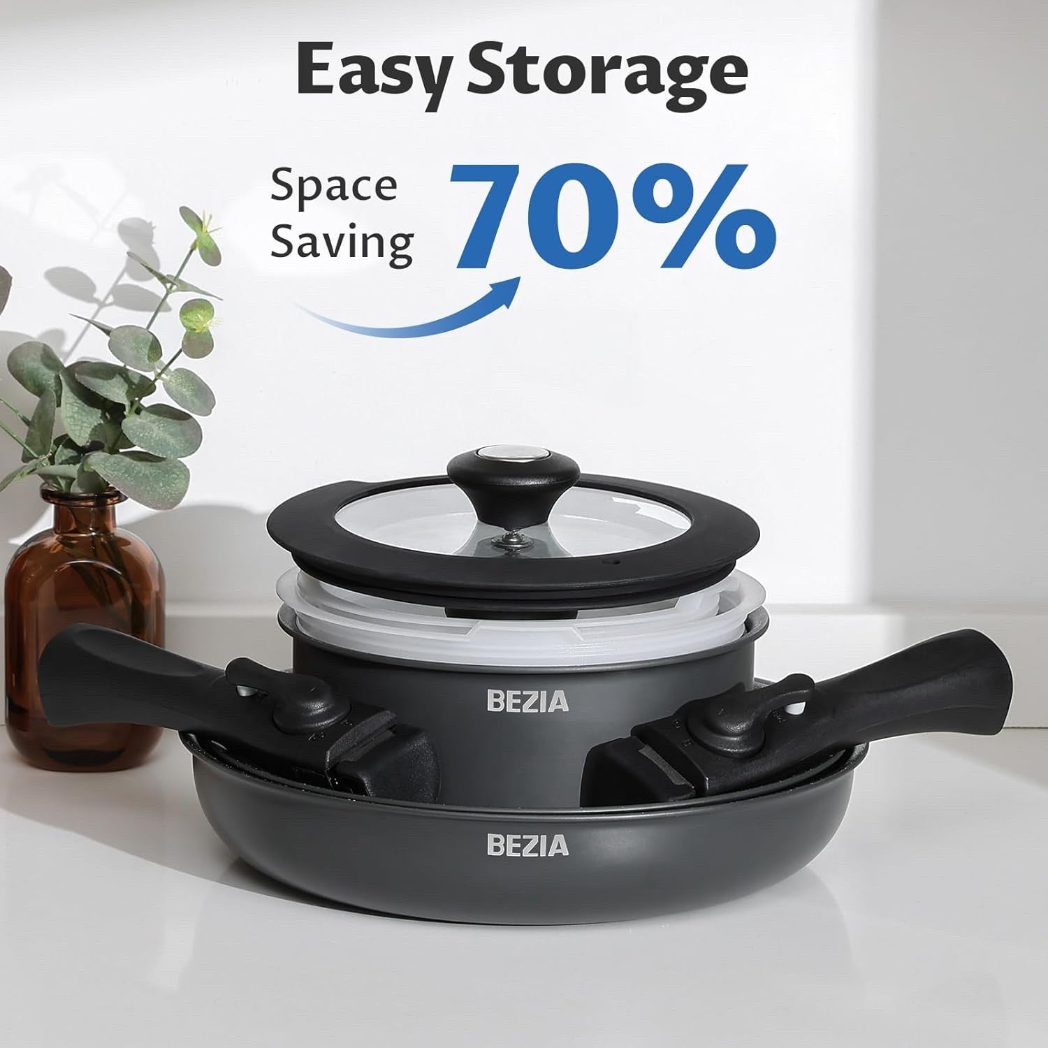 10pcs Induction Cookware Set Non-Stick Pans & Pots with Detachable Handles