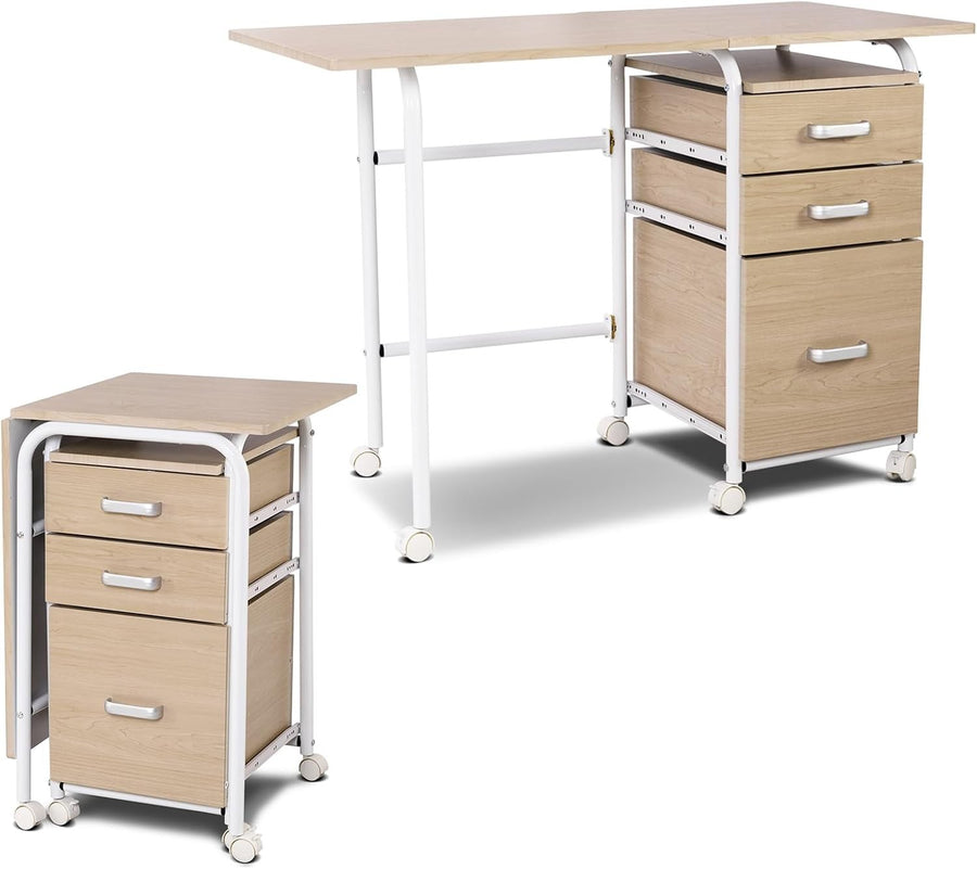 Folding Computer Desk Oak with Wheels & Drawers 105x50x75cm Workstation