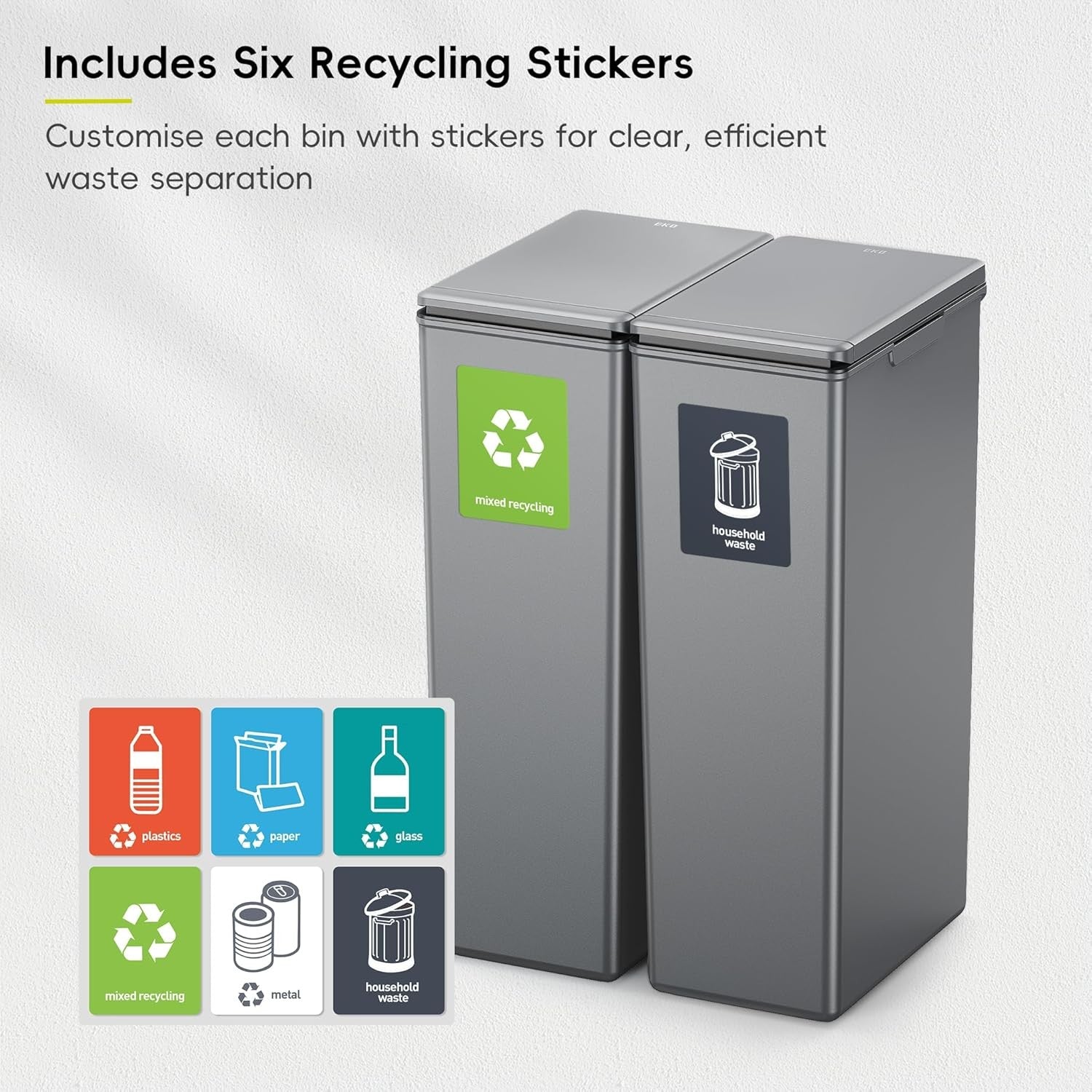 60L Double Kitchen Recycling Bin 2x30L Touch Lid Slim Grey Set