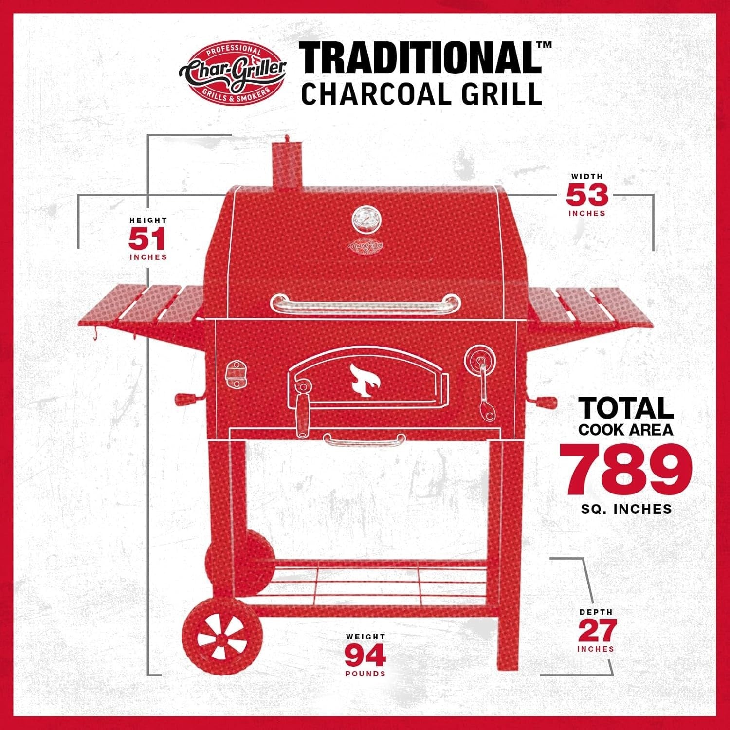 Large Charcoal BBQ Grill & Smoker with Shelves, Thermometer, Heavy-Duty Steel
