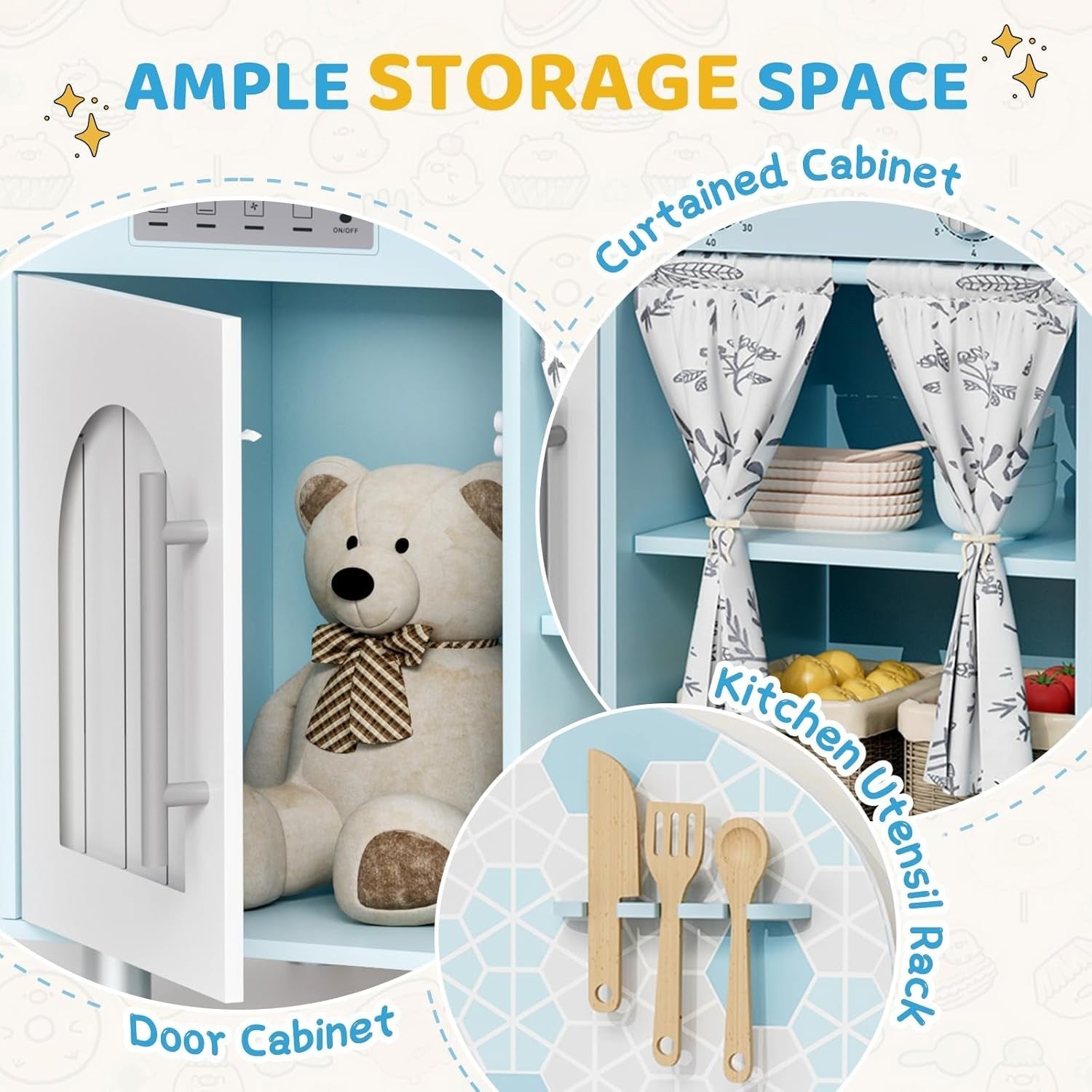 Kids Wooden Play Kitchen w/ Sound Stove Storage Blue Toy Set