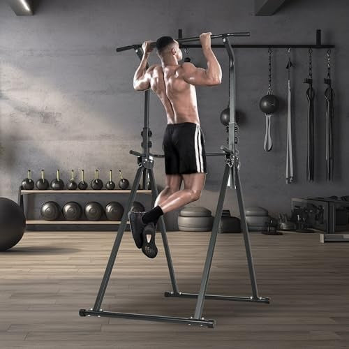 Black Foldable Power Tower Dip Station Pull-Up Bar Adjustable Home Gym