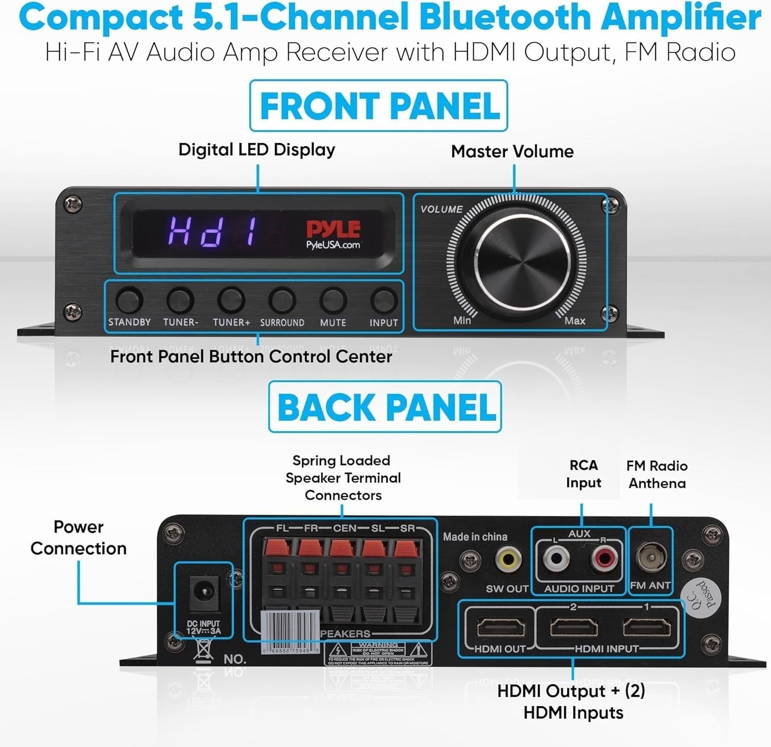 Bluetooth 5.1 Channel Stereo Amplifier Receiver FM AUX HDMI Home Theatre System