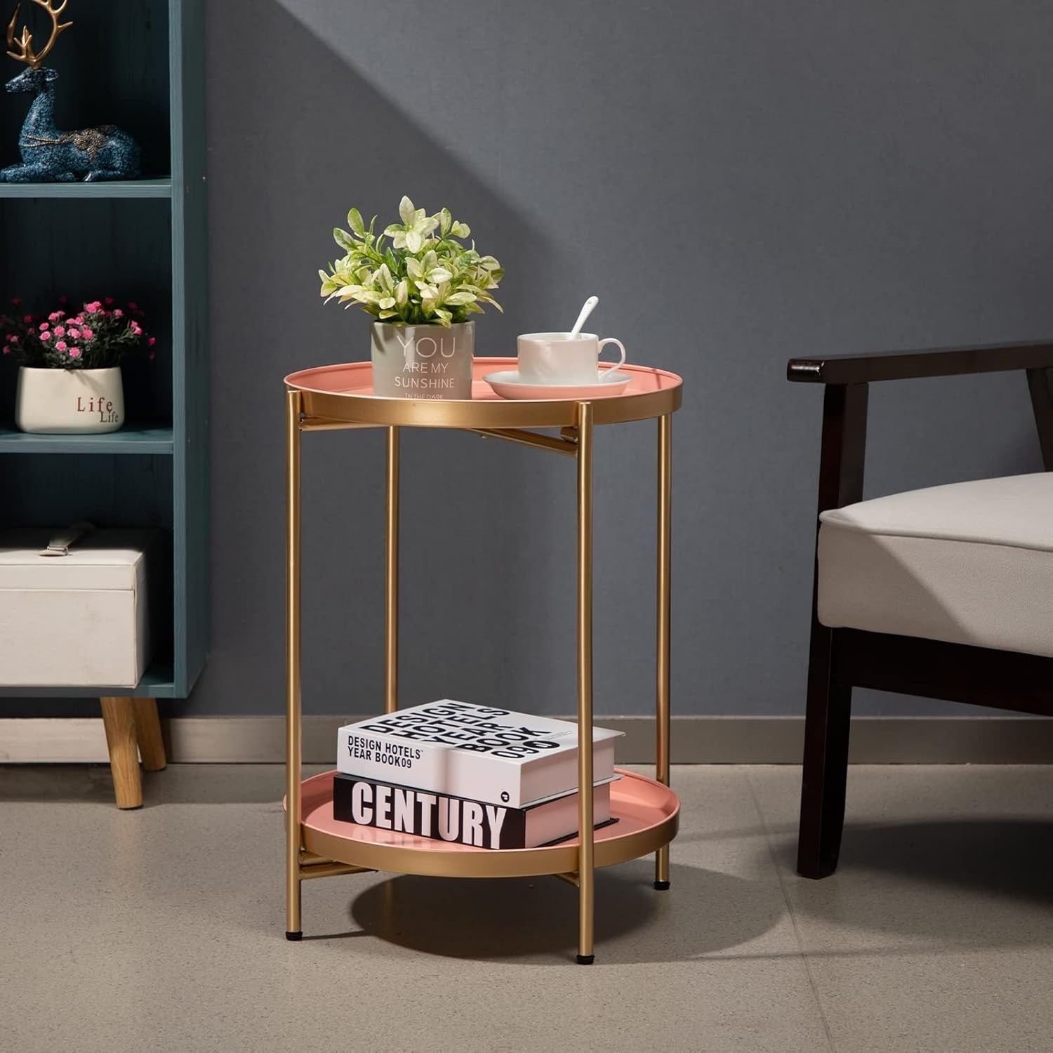 Small Round Metal Side Table 2-Tier Coffee Table Removable Tray Green
