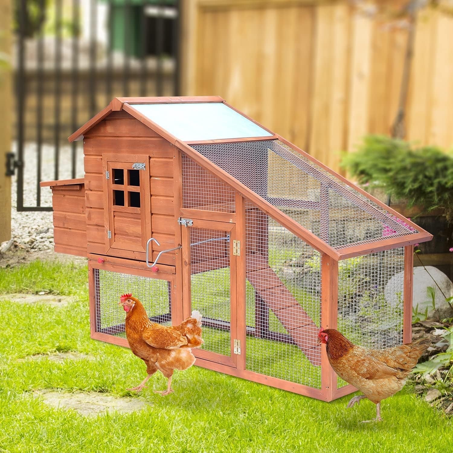 Wooden Chicken Coop with Run Nest Box Easy Clean Tray Outdoor Hen House