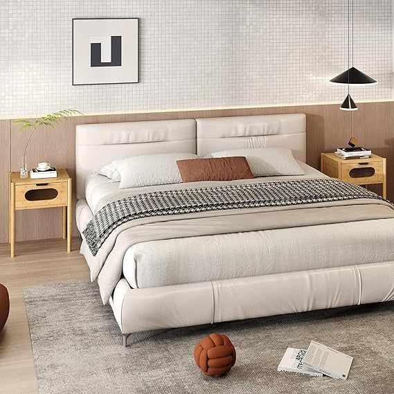 Modern Bamboo Bedside Tables Set of 2 with Drawer & Glass Front 40x40x50cm
