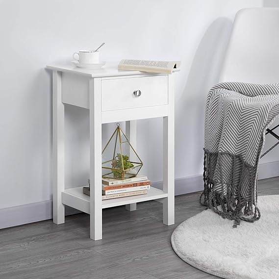 White Bedside Table with Drawer & Shelf | Modern Wooden Nightstand 30x40x61cm