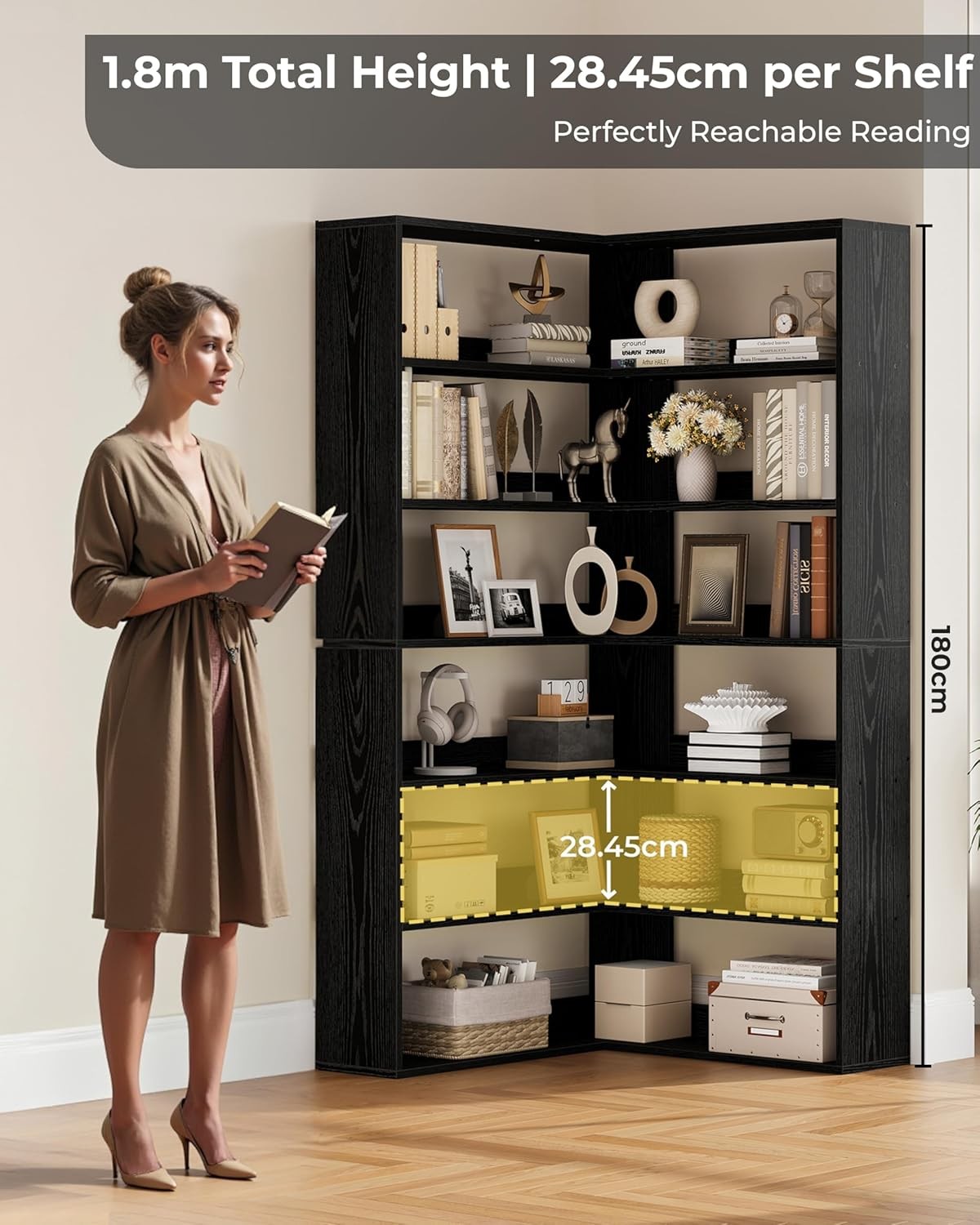 Tall Corner Shelf Unit 6 Tier L-Shaped Bookcase Storage Rack for Living Rooms