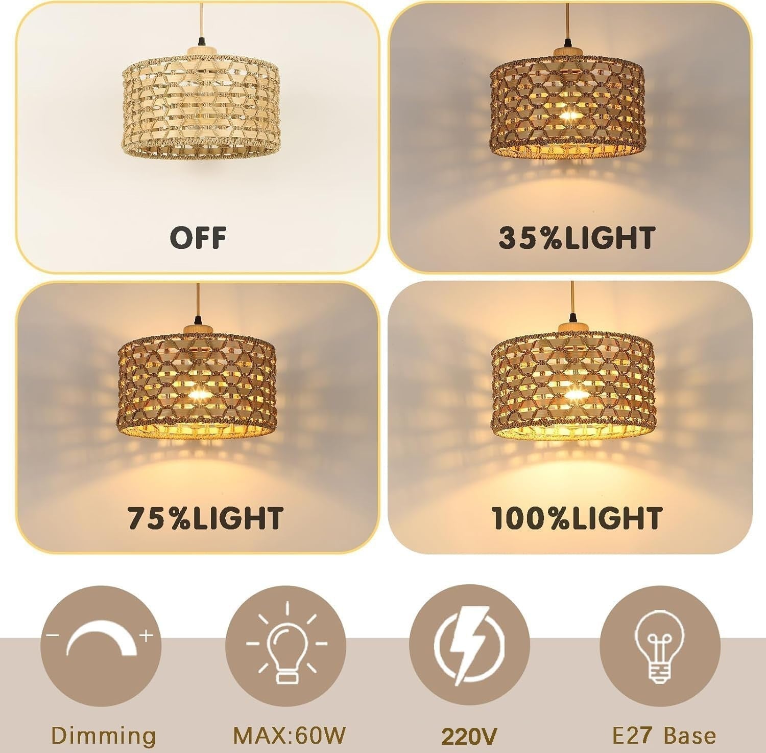 Rattan Pendant Light Shade 30cm Boho Woven Ceiling Lamp E27