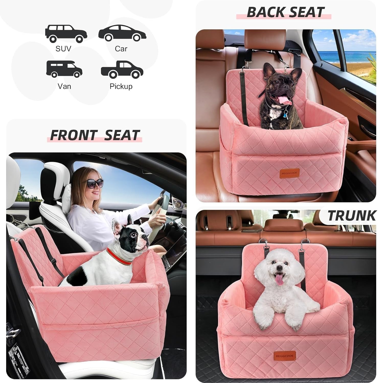 Pink Dog Booster Car Seat Memory Foam Travel Bed 2 Safety Belts