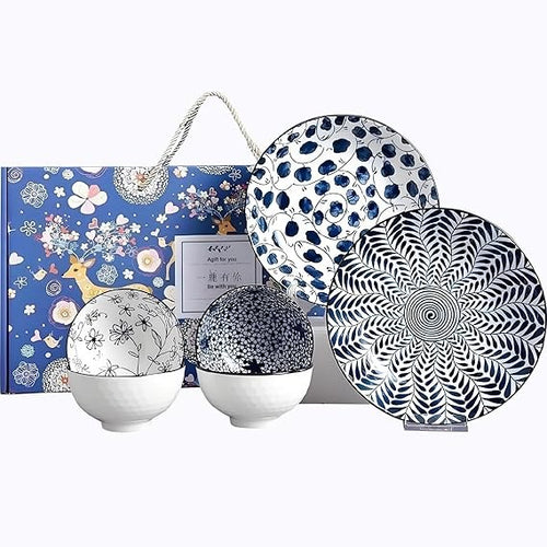 Blue White Porcelain Dinner Set Plates Bowls 6pc Japanese Style Crockery