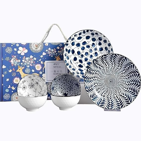 Blue White Porcelain Dinner Set Plates Bowls 6pc Japanese Style Crockery