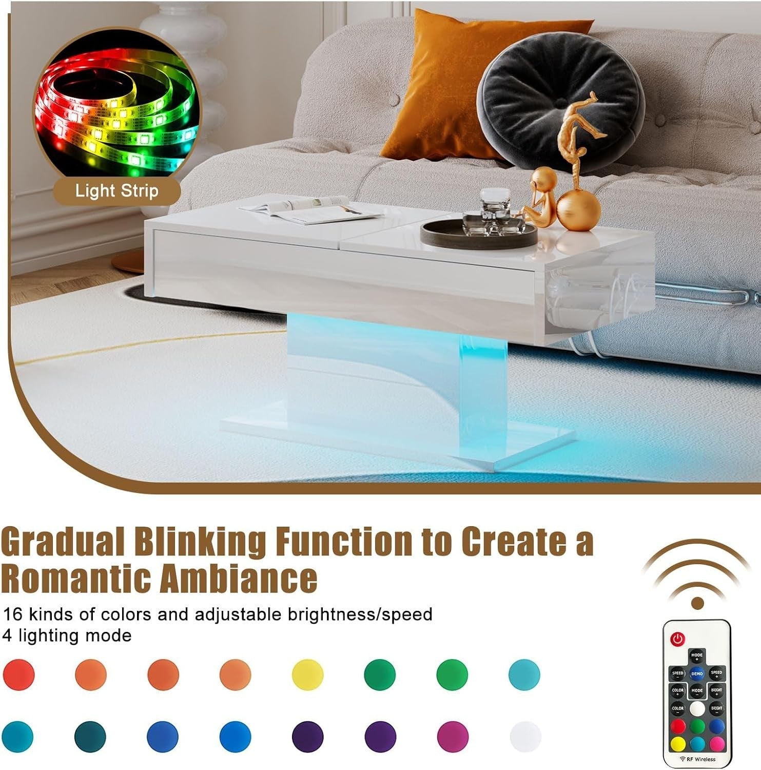 Modern White Coffee Table with Hidden Storage, Sliding Drawers & LED Lights
