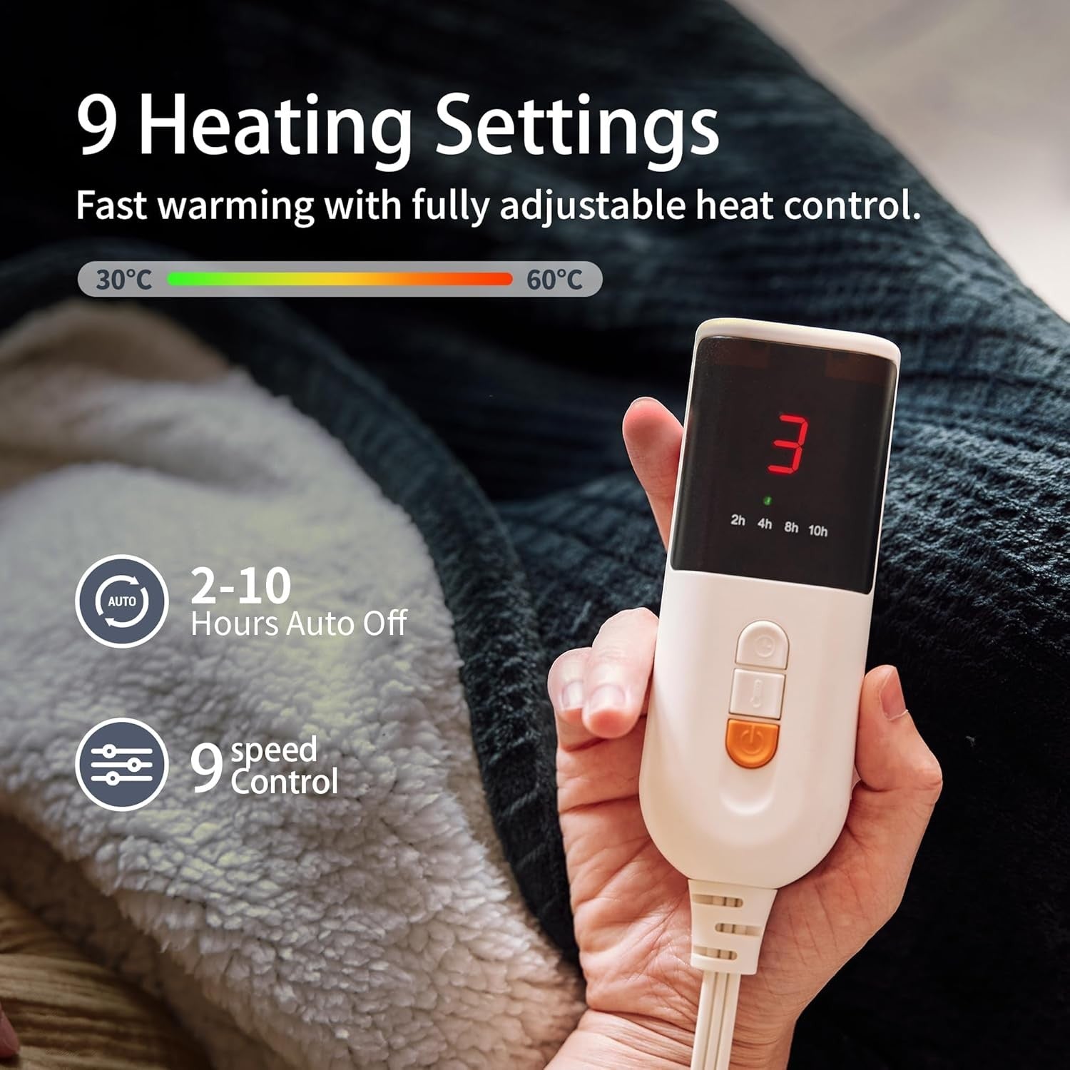 Electric Throw Blanket 130x180cm 9 Heat Timer Auto Off Washable