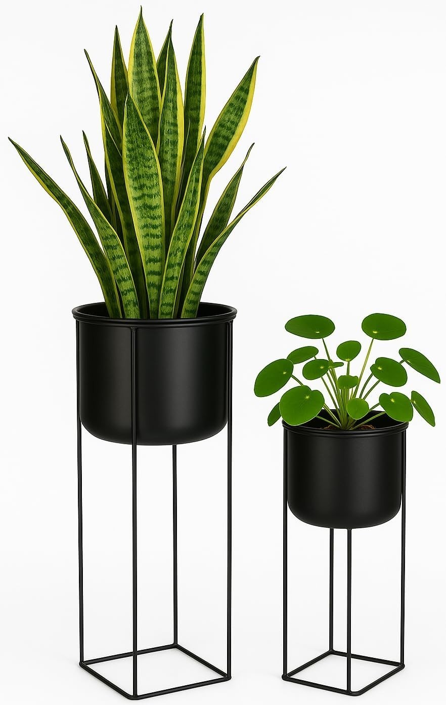 2x Black Metal Plant Pot Stands Set – Tall & Short Indoor Outdoor Planters