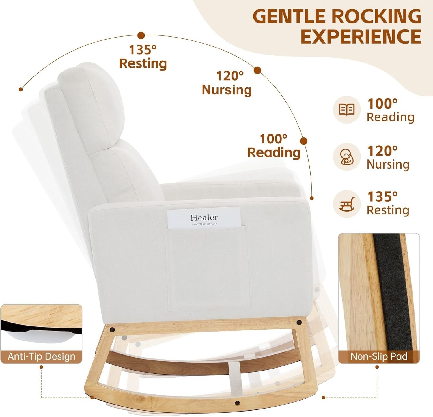 Linen Rocking Chair for Adults with High Back, Pockets & Wood Legs, Ivory