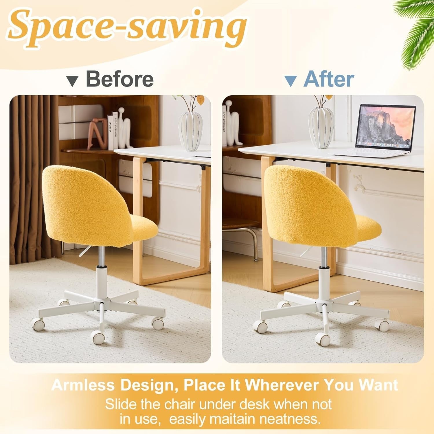 Yellow Teddy Fleece Swivel Desk Chair Small Adjustable Height Vanity Seat